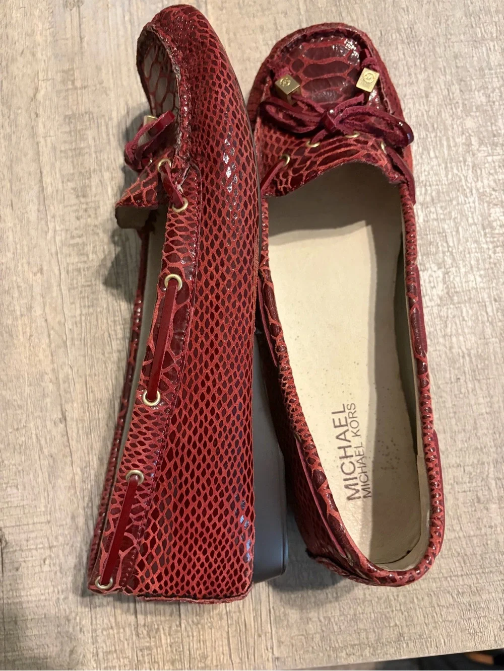 Michael Kors Burgundy Snake-Embossed Moccasin Flats with Gold Accents